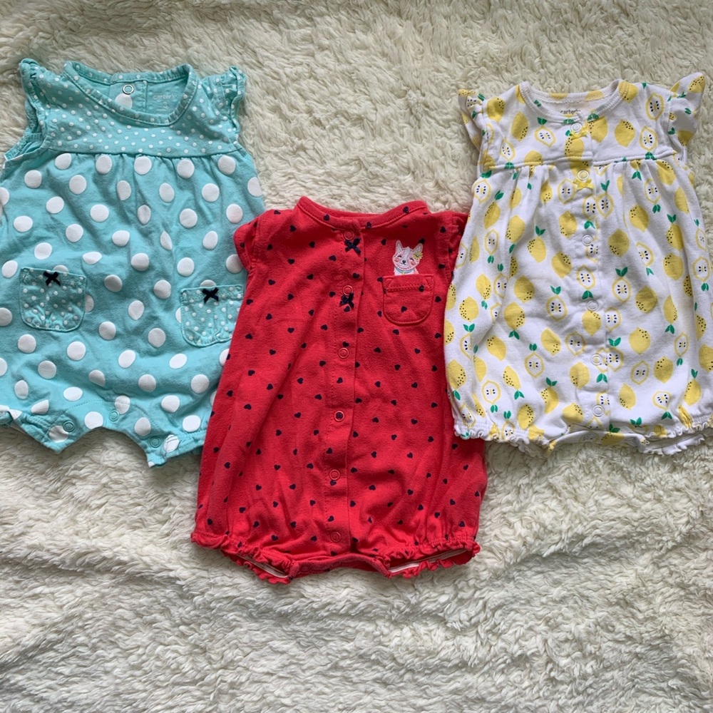 3 baby girl summer rompers from Carter’s
